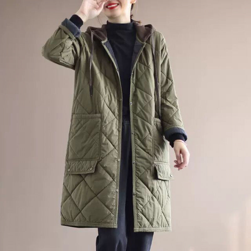 popular autumn and winter new medium and long versatile cotton clothes fashionable and simple diamond thickened jacket hooded splicing cotton-padded clothes women