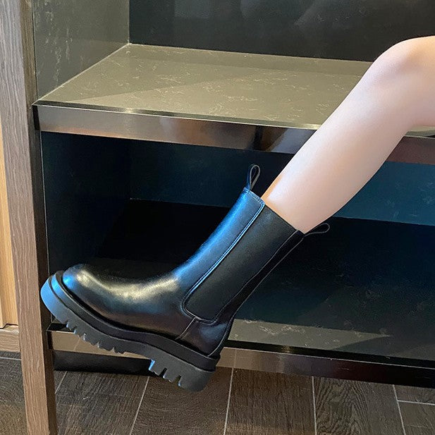 2025 Cowhide version~ New autumn and winter platform Chelsea short boots women's inner height increase Martin boots velvet chimney medium boots