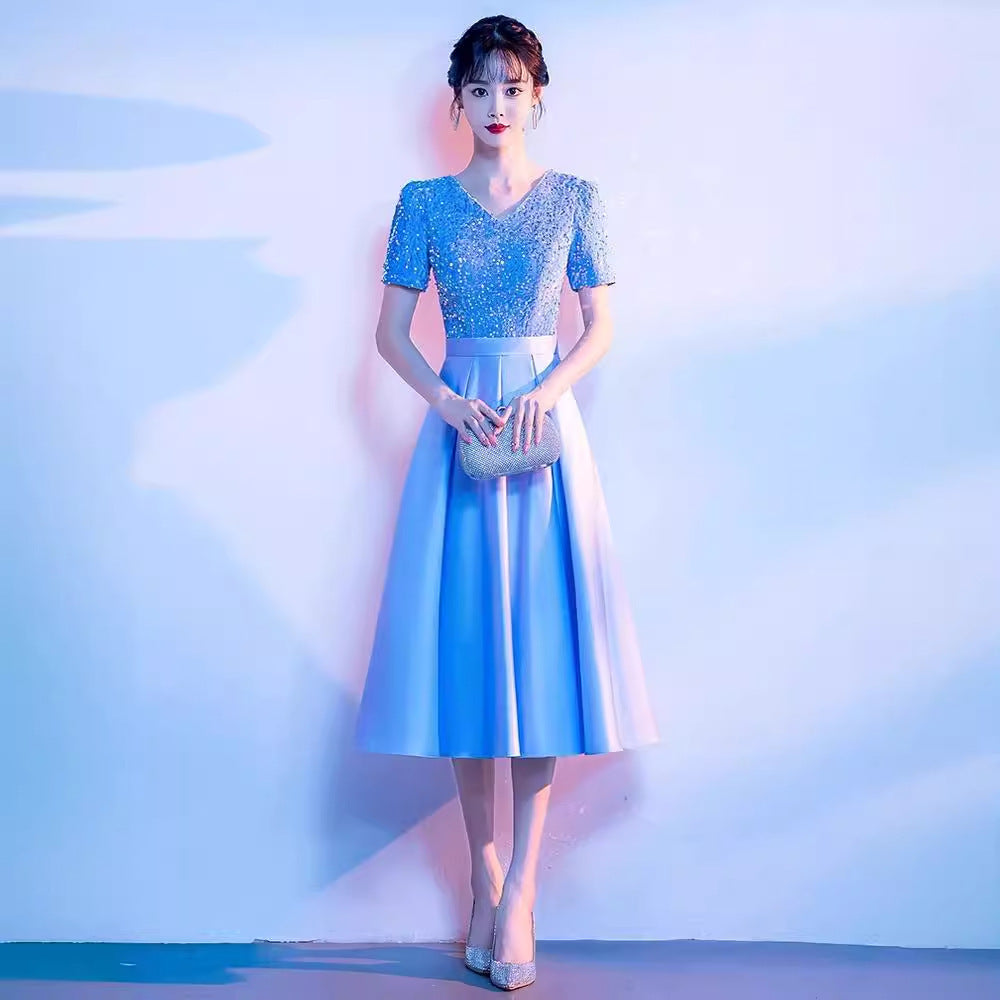 LOVECCR Adult Choir Performance Costume Female Dress Student Art Exam Host Formal Dress Recitation Command Costume Elegant Blue