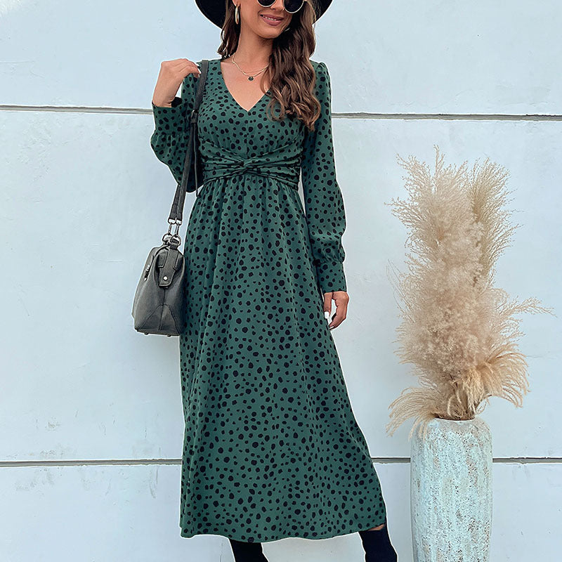 LOVECCR Hot autumn 2025 medium and long skirts commuter V-neck kinked leopard print dress