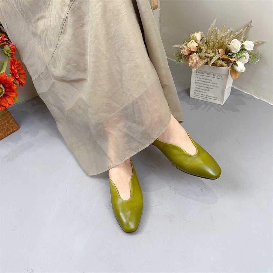 loveccr Women's Leather Shoes Princess Pavilion Summer New Retro Genuine Leather Stylish Pumps Women's Flat Heel