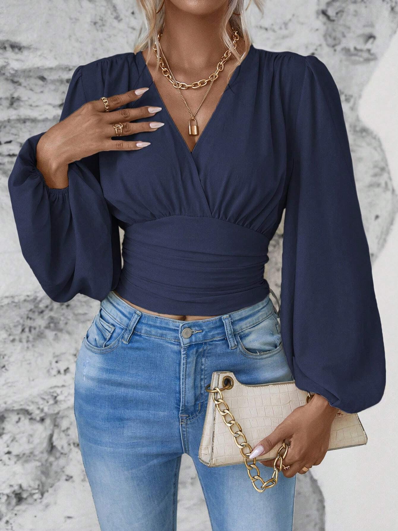 2025 popular Popular, , New spring and autumn new fashion waist V-neck bag sleeve solid color wrinkled T women's long-sleeved top