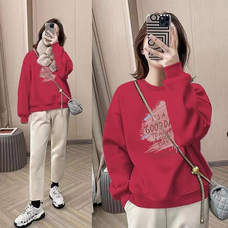 spring and autumn Korean version of fashion small round neck pullover fleece sweater long sleeve loose tide ins style top