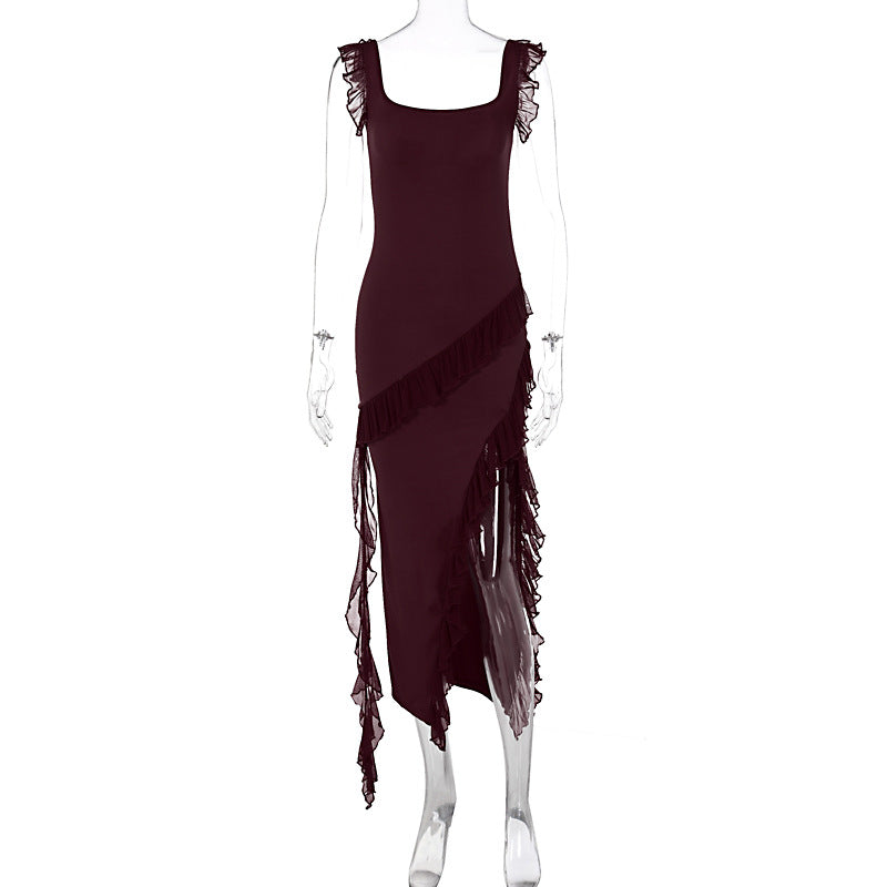 European and American Style Cross-Border Women's Clothing Summer and Autumn New Fashion Sexy Wooden Ear Stitching Temperament Split Dress