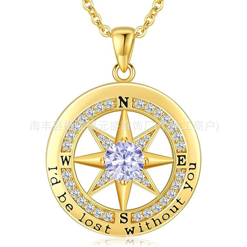 HOT and NEW Cross Border S925 Sterling Silver Compass Compass Necklace Female Twelve Birthstone Pendant Clavicle Chain