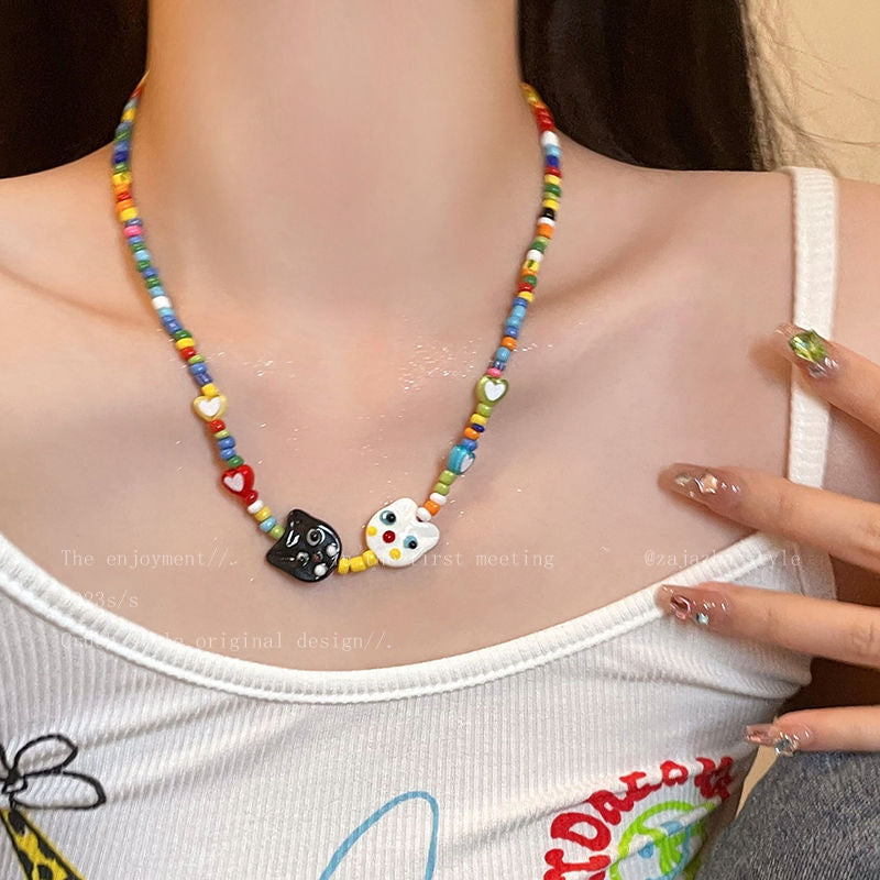 LOVECCR INS Dopamine Color Beaded Necklace New Fashion All-Match Special-Interest Design High Sense Necklace