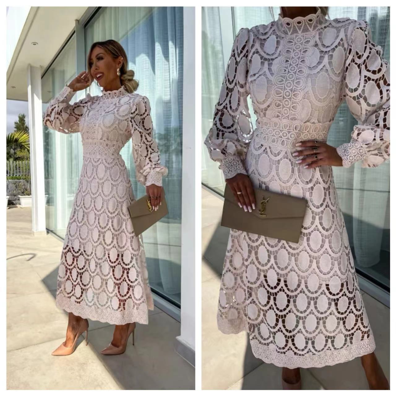 Spring New Style Lace Stand Collar Puff Sleeve Waist Slimming Dress Graceful European and American Long Dress