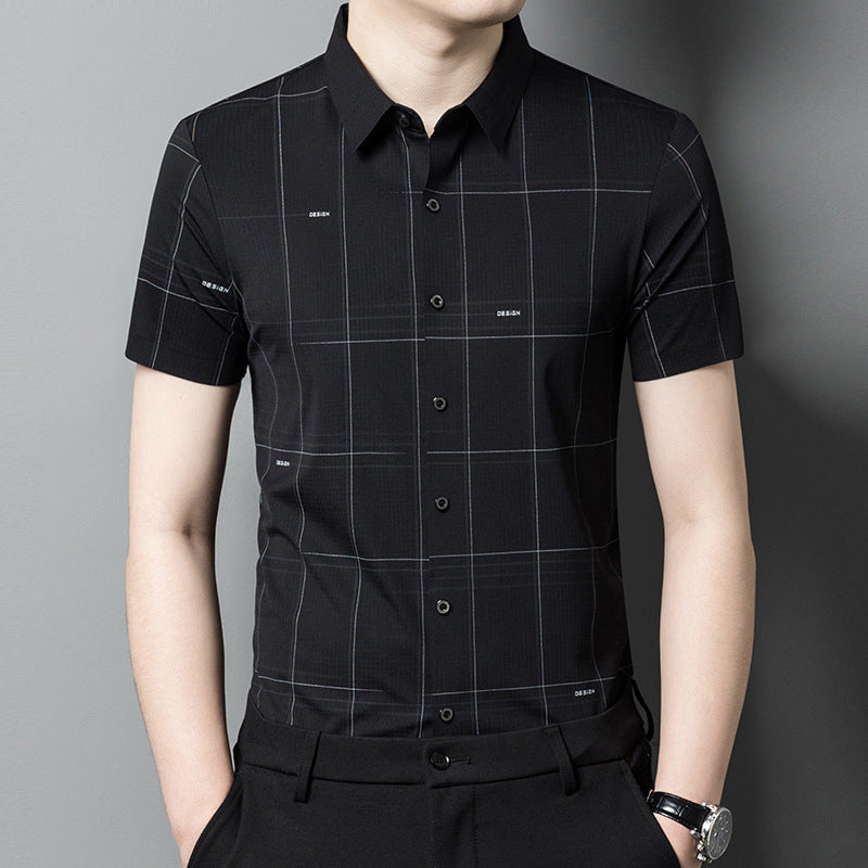Summer New Short-Sleeved Men's Shirt Seamless Ice Silk Middle-Aged Business Leisure Plaid Men's Shirt Wholesale