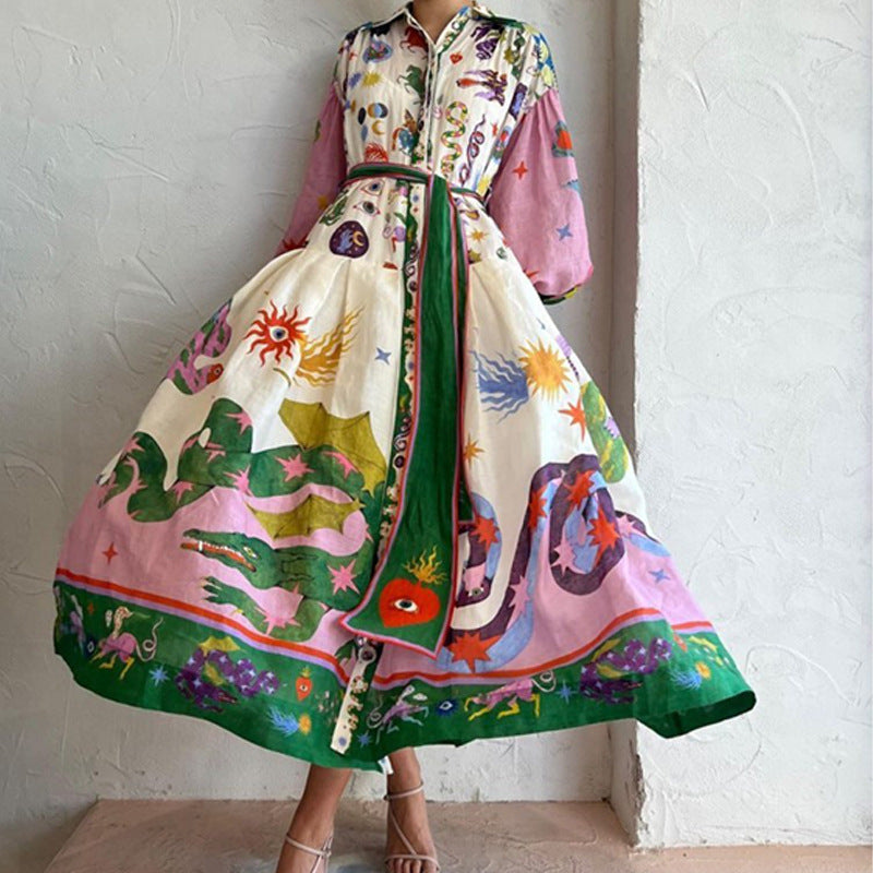Foreign Trade New Women's Elegant Lantern Sleeve Printed Long Lapel and Waist Tight Long Sleeve Dress