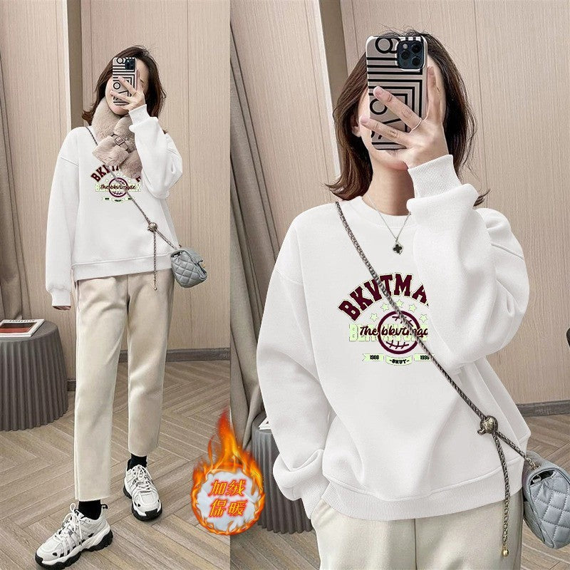 popular Spring and Autumn New Korean Edition Fashion Crew Neck Sweater Women's Loose Long Sleeve Small Versatile Fleece Top Trend