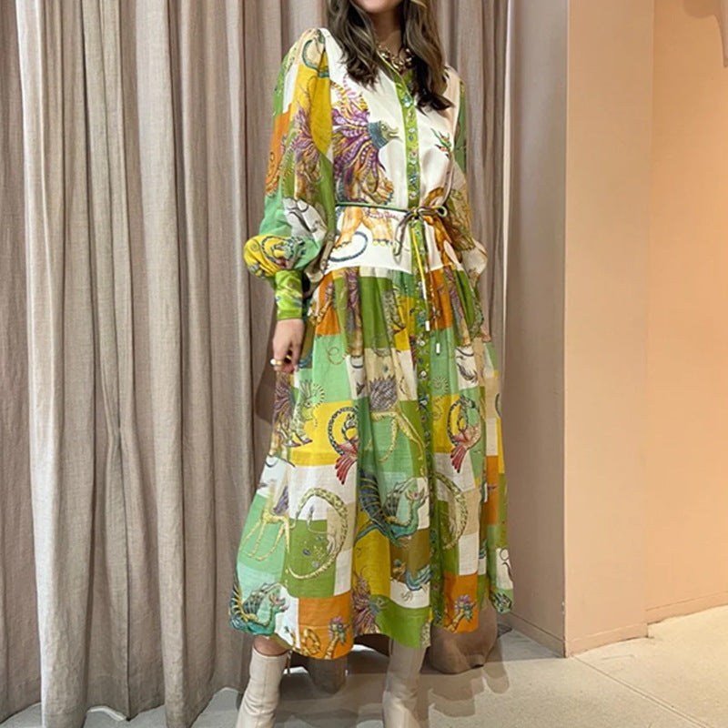 Foreign Trade New Women's Elegant Lantern Sleeve Printed Long Lapel and Waist Tight Long Sleeve Dress
