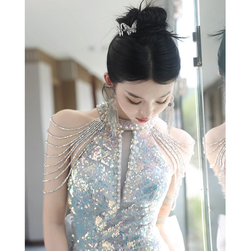 LOVERCCR High-End Evening Dress for Women High-End Affordable Luxury Banquet Host Trailing Wedding Dress Fishtail Sexy Halter Long Dress