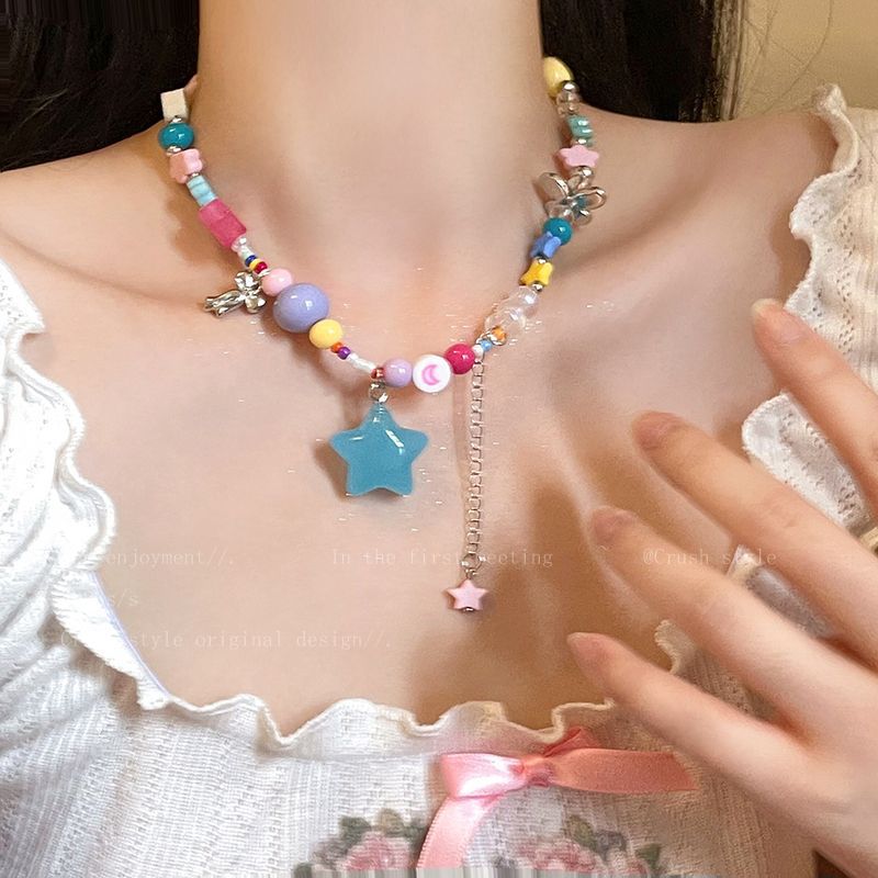 LOVECCR INS Dopamine Color Beaded Necklace New Fashion All-Match Special-Interest Design High Sense Necklace