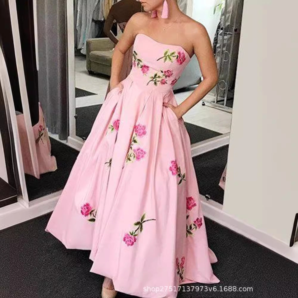 LOVECCR New Cross-Border Foreign Trade European Size Women's Clothing Independent Station Waist Digital Printing Tube Top Tuxedo Dress