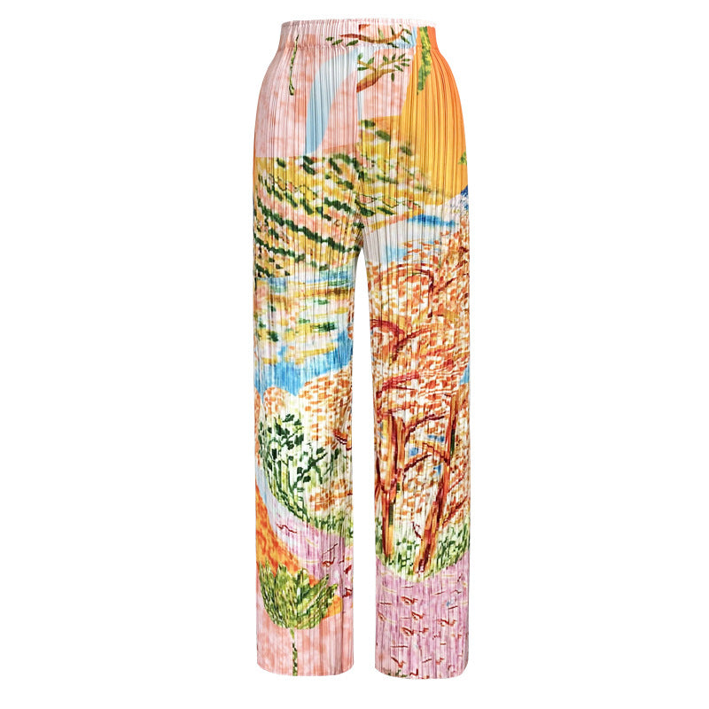 spring niche temperament tree-painted printing small V-neck short-sleeved top women's casual trousers pleated suit women's