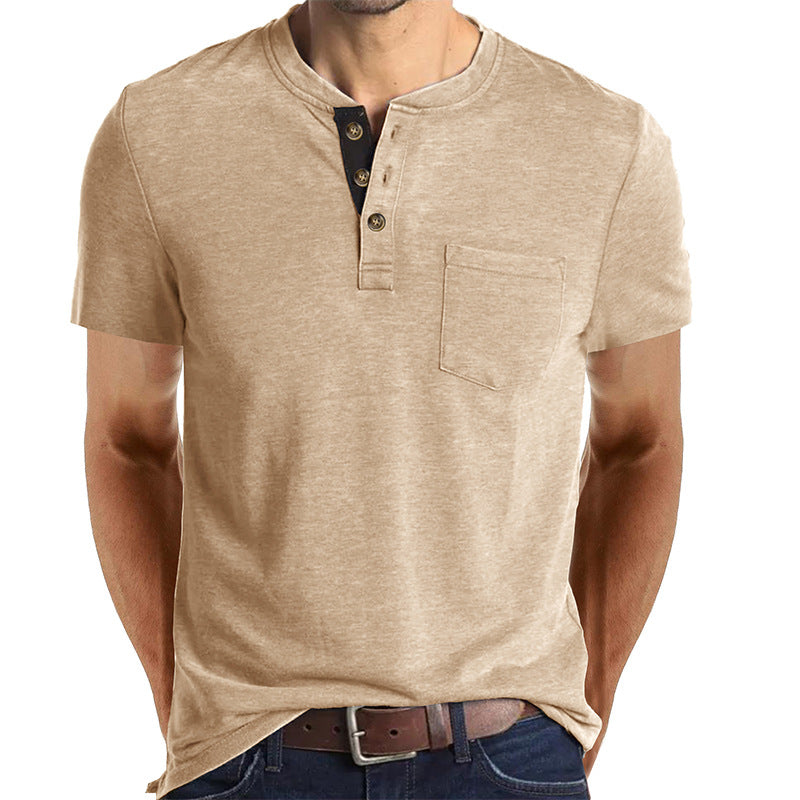 Summer European and American Men's Short-Sleeved T-shirt Foreign Trade Men's Henry T-shirt Cross-Border Clothing round Neck Top
