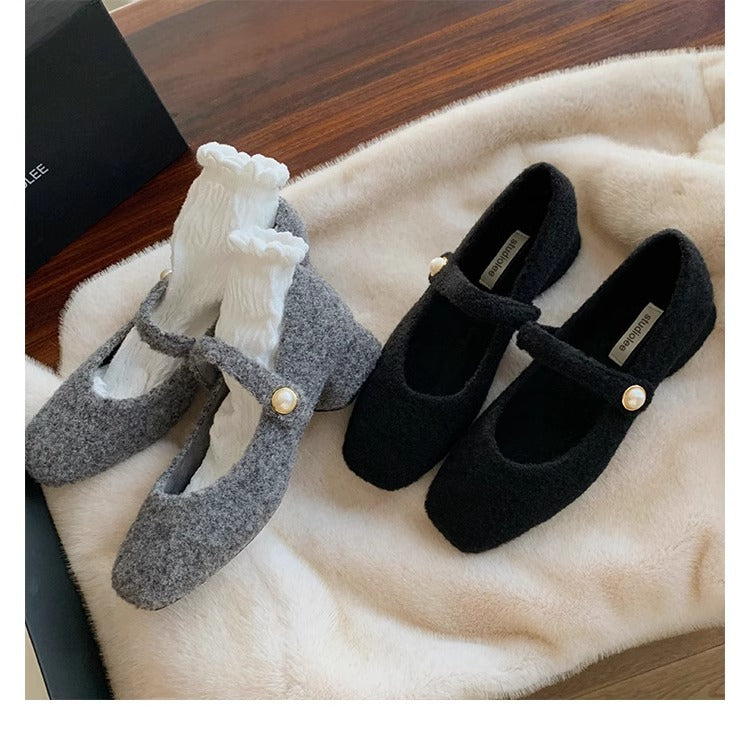 2025 Sheepskin version~ Woolen square head shallow mouth single shoes 2025 temperament elegant gentle velvet warm word Mary