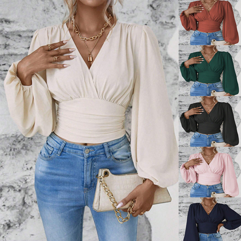 2025 popular Popular, , New spring and autumn new fashion waist V-neck bag sleeve solid color wrinkled T women's long-sleeved top