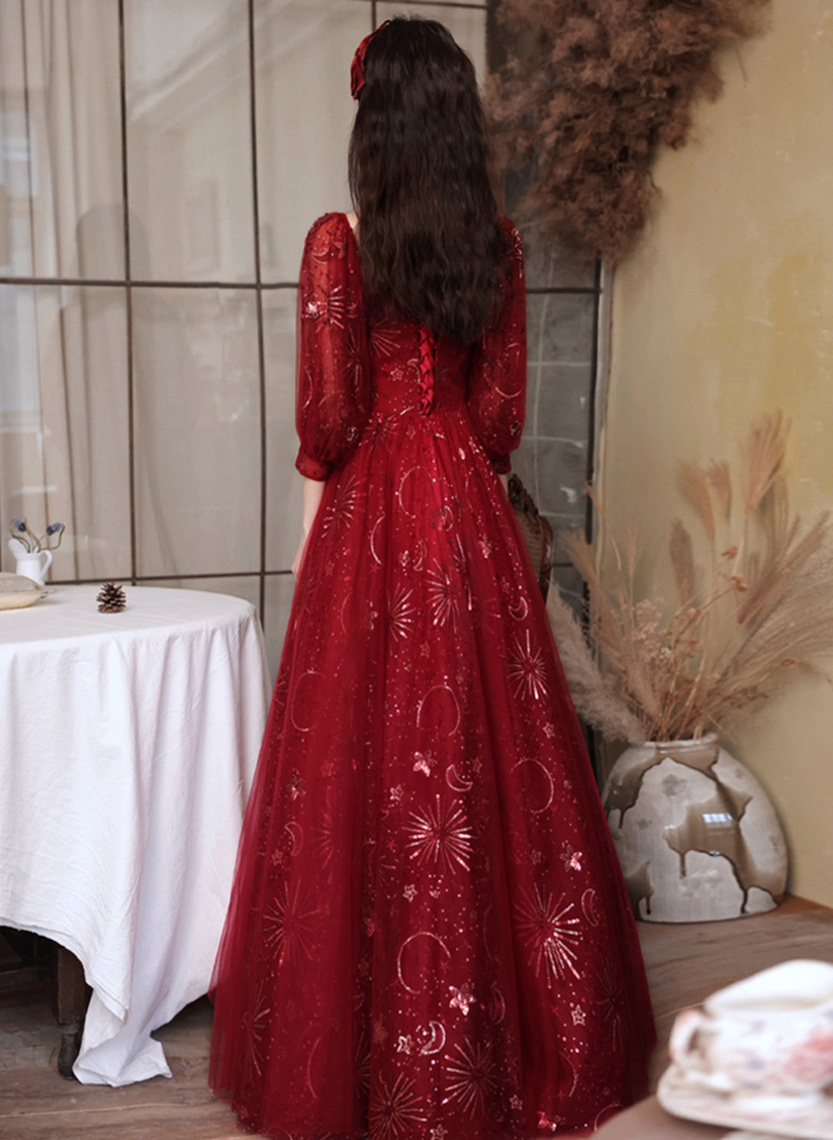 LOVECCRWine Red Tulle Shiny Tulle Puffy Sleeves Prom Dress, Wine Red Long Party Dress