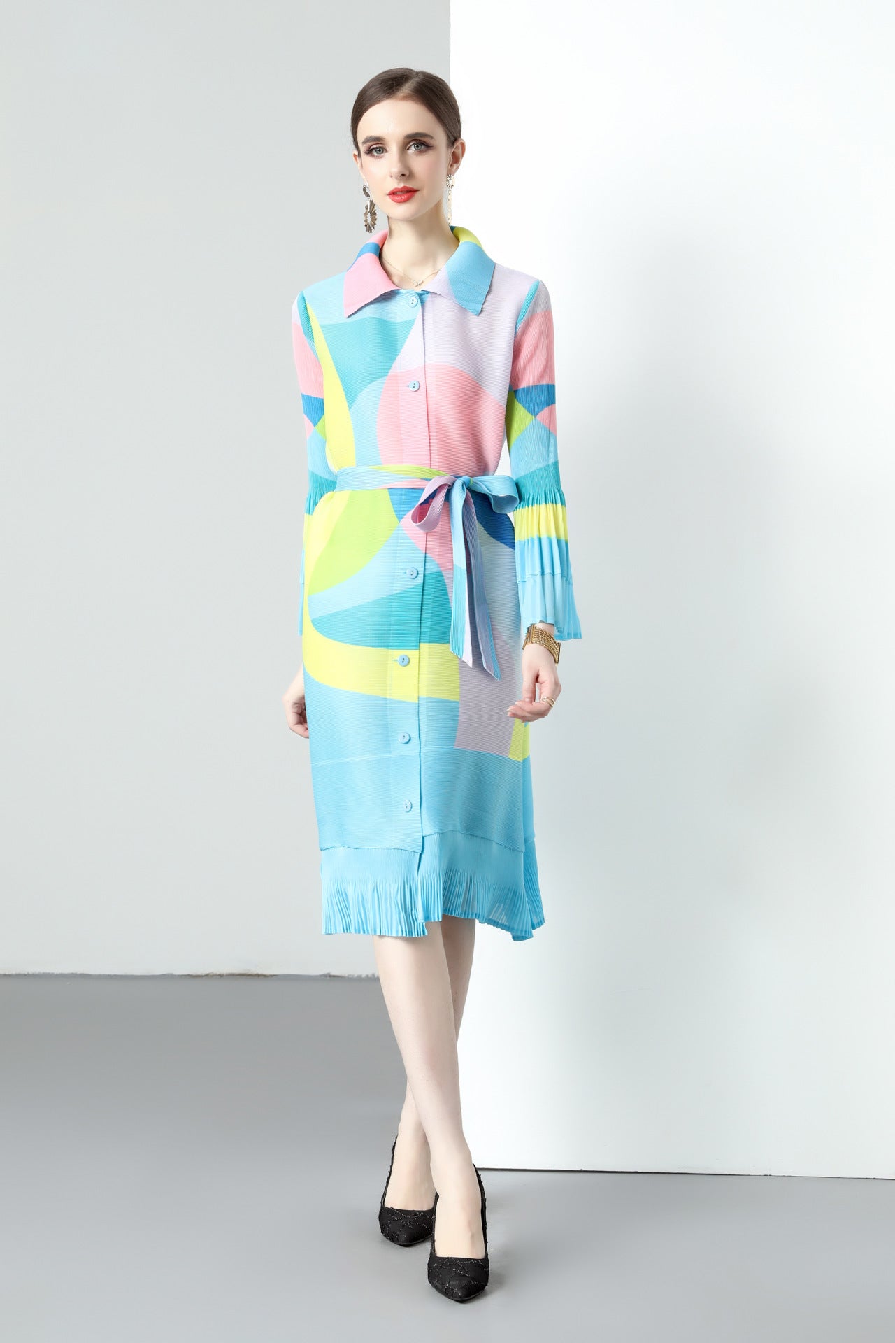 Pleated printed dress new spring and autumn lapel single-breasted cardigan large size waist strap medium and long dress