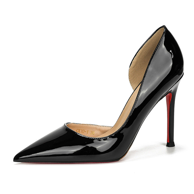 loveccr Nude Color Side Empty Red High Heel Shoes Women's Stiletto Heel New Pointed Low-Cut Patent Leather Sexy Temperament Genuine Leather Pumps