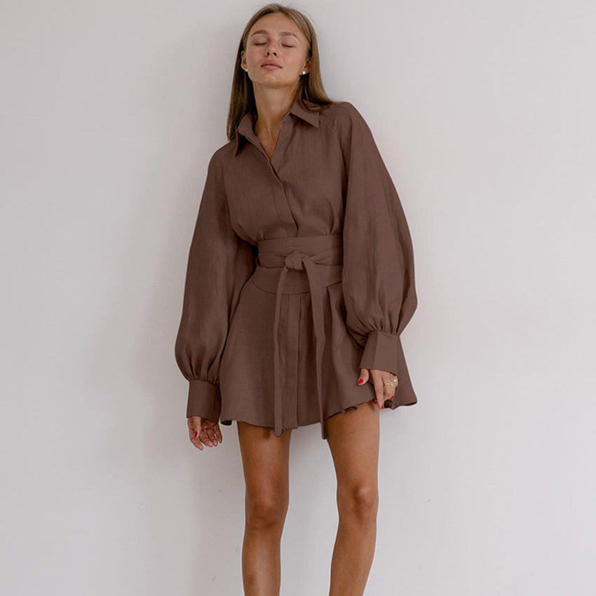2025 autumn long-sleeved short skirt temperament commuter shirt skirt pure cotton niche dress fashionable Popular trade women's clothing