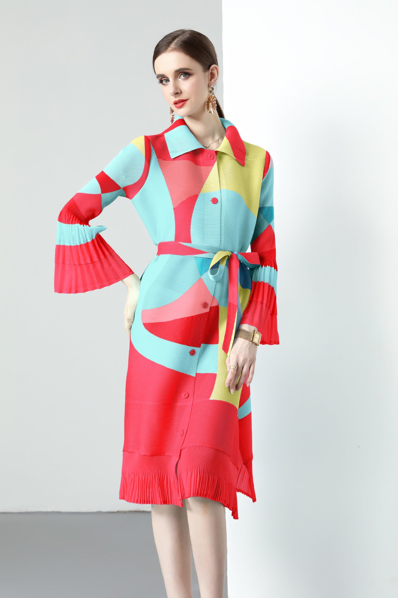 Pleated printed dress new spring and autumn lapel single-breasted cardigan large size waist strap medium and long dress