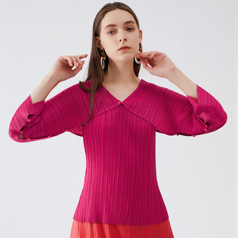 Miyake long-sleeved t-shirt women's spring new Korean version slim-fit split top hollow bottoming shirt women's clothing