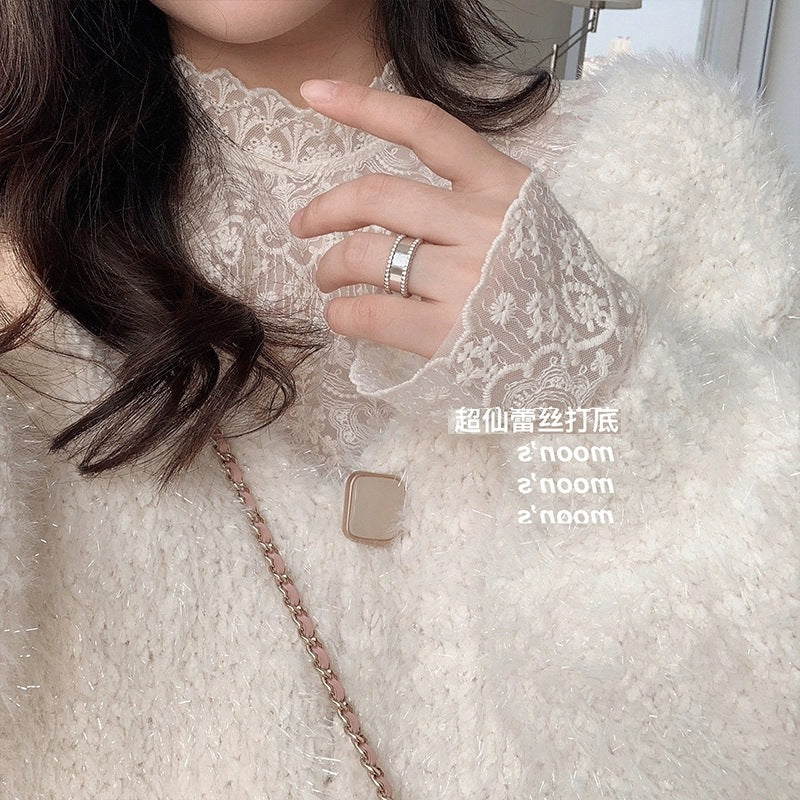 Autumn and winter new Popular-style shirt women's semi-turtleneck embroidered flower exquisite inner lace shirt super fairy mesh bottoming top