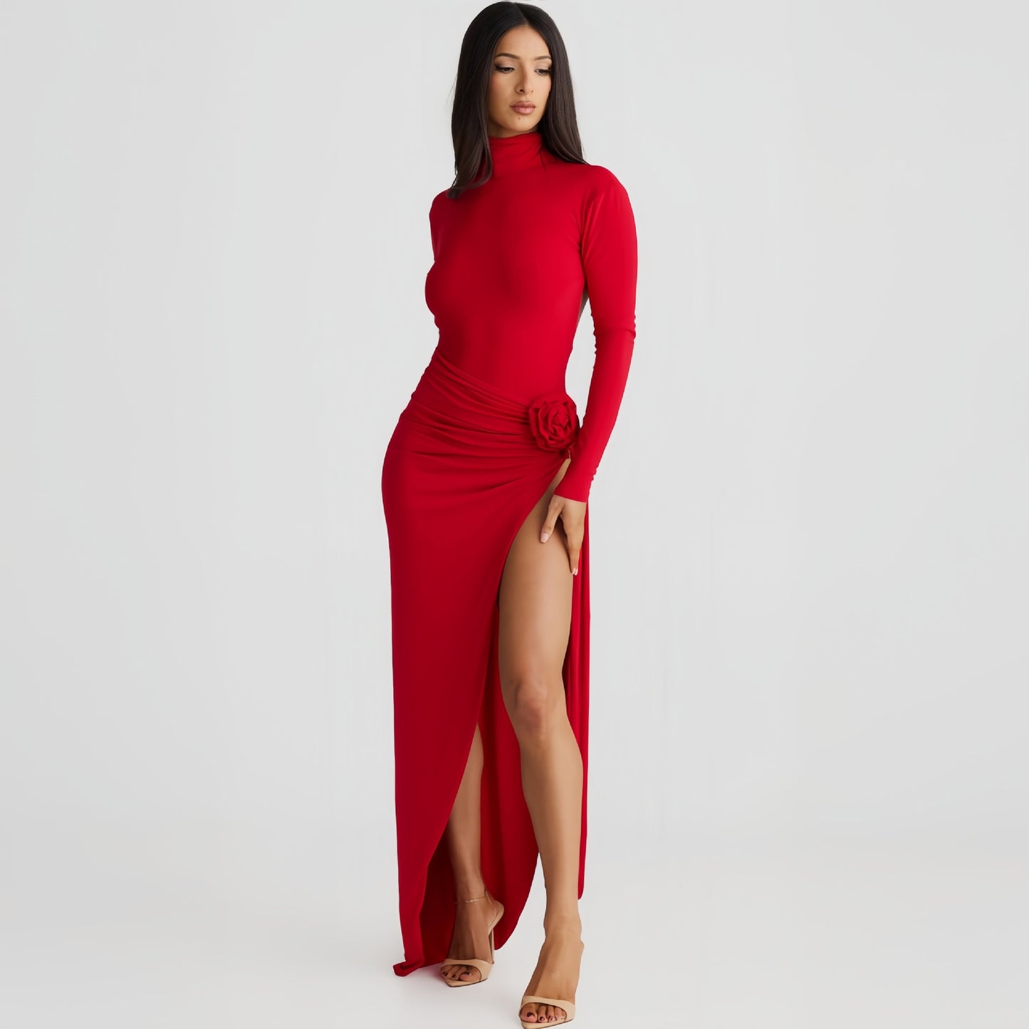 LOVECCREurope and the United States autumn women's new fashion high-necked halter long-sleeved onesie sexy split skirt set