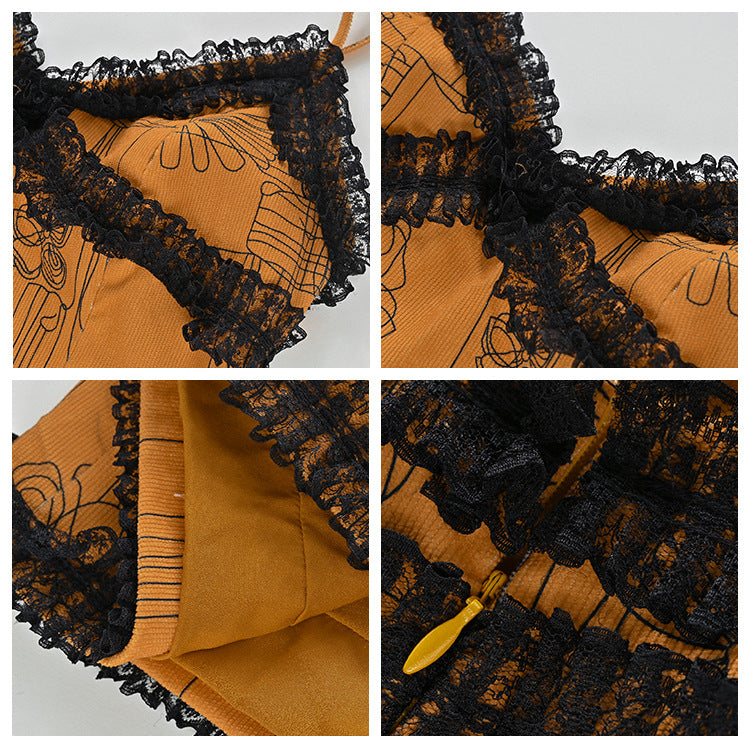 Stylish pure desire inner pit strip lace V-neck dress printed love sexy suspender short skirt spring L2536