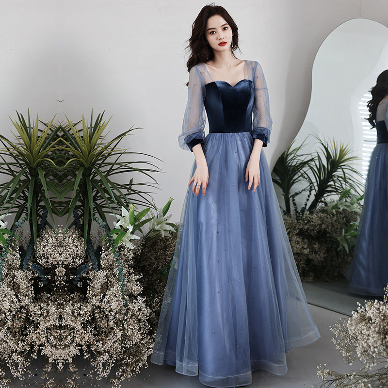 LOVECCR Evening Dress 2021 New Spring Velvet Slimming Long Birthday Party Host Banquet Temperament Belly Covering Dress for Women