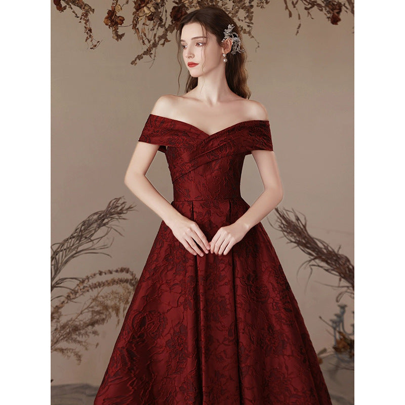 LOVERCCR off-Shoulder Printed Satin Toast Dress New Bride Marriage Engagement Hepburn Style High-End Evening Dress