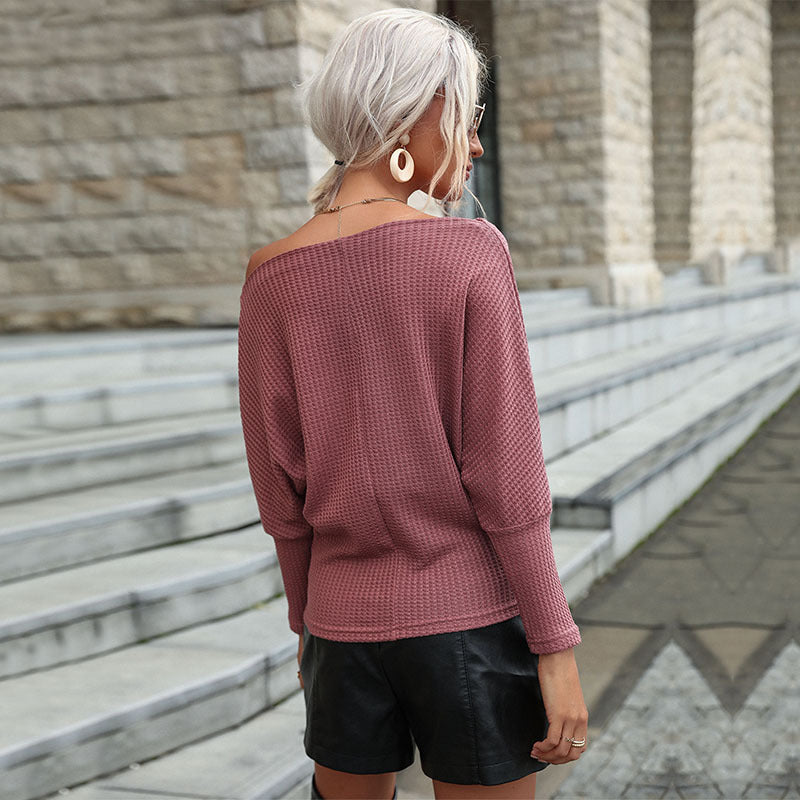 LOVECCR Strictly selected New popular 2025 casual bat sleeve top long sleeve one-word shoulder waffle base knitting