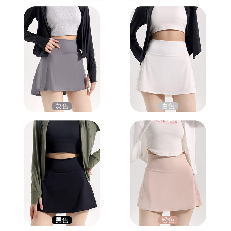 Lulu Same Style Skirt Nylon High Elastic Ice Silk Tennis Skirt Thin Breathable Yoga Anti-Exposure Sports Skirt Women