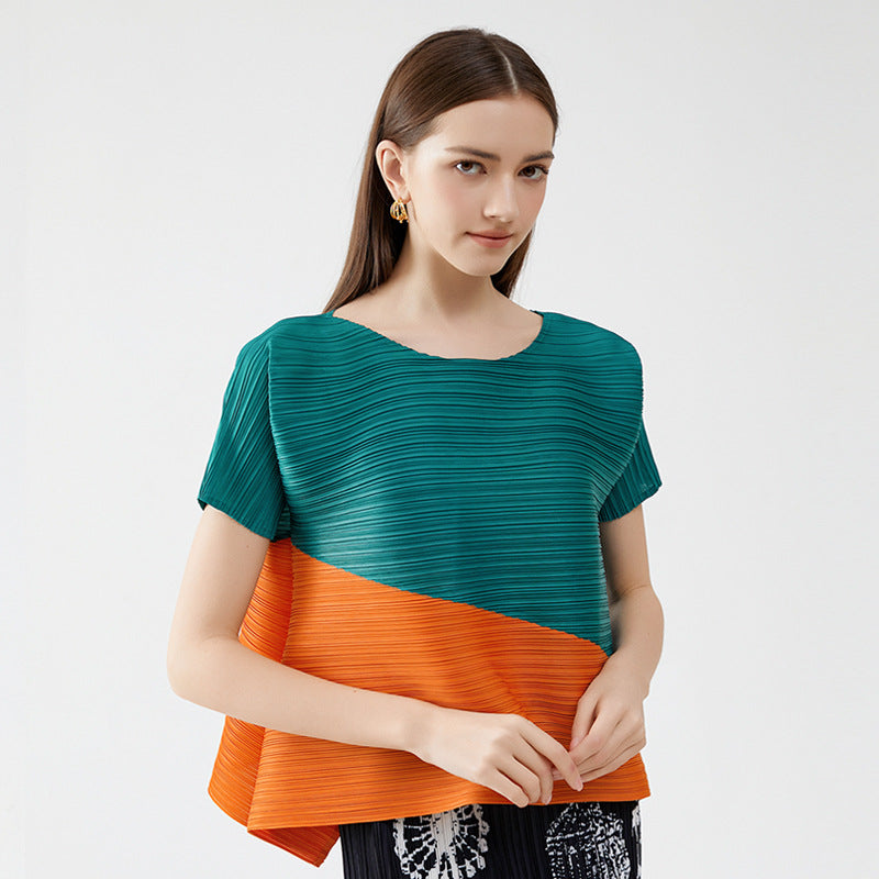 summer new Korean version fashion pleated design sense round neck short sleeve loose contrasting casual t-shirt top women