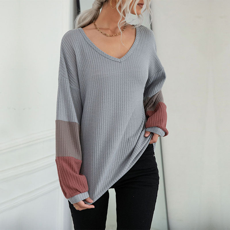 LOVECCR New Hot Trade popular New 2025 Autumn Color Matching Long Sleeve Gray V-Neck Knitted Sweater