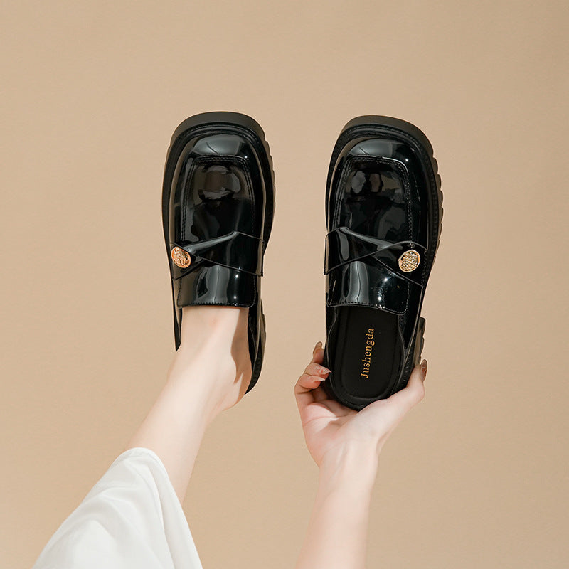 2025 Cowhide version~ New leather bag head half drag women's summer new sandals loafers wear thick-soled lazy small leather shoes
