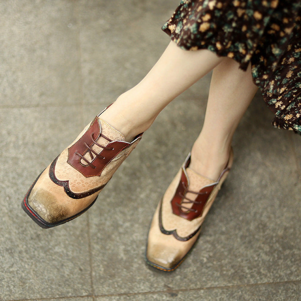 loveccr Cross-Border New Arrival in Stock Genuine Leather Vintage Style Contrast Color Brogue Casual Women's Chunky Heel High Heels