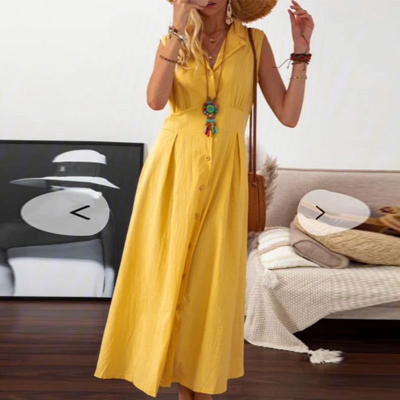 LOVECCR European American Summer New Skirt Lapel Women's A- line Vintage Cotton Linen Long Dress