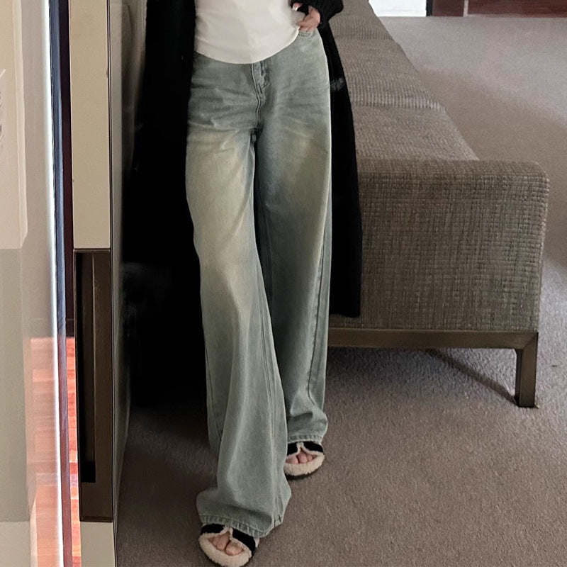 Jin Yi Laid-Back Figure Flattering Washed Light Blue Jeans Loose Edging Straight Mop Wide Leg Trousers for Women New