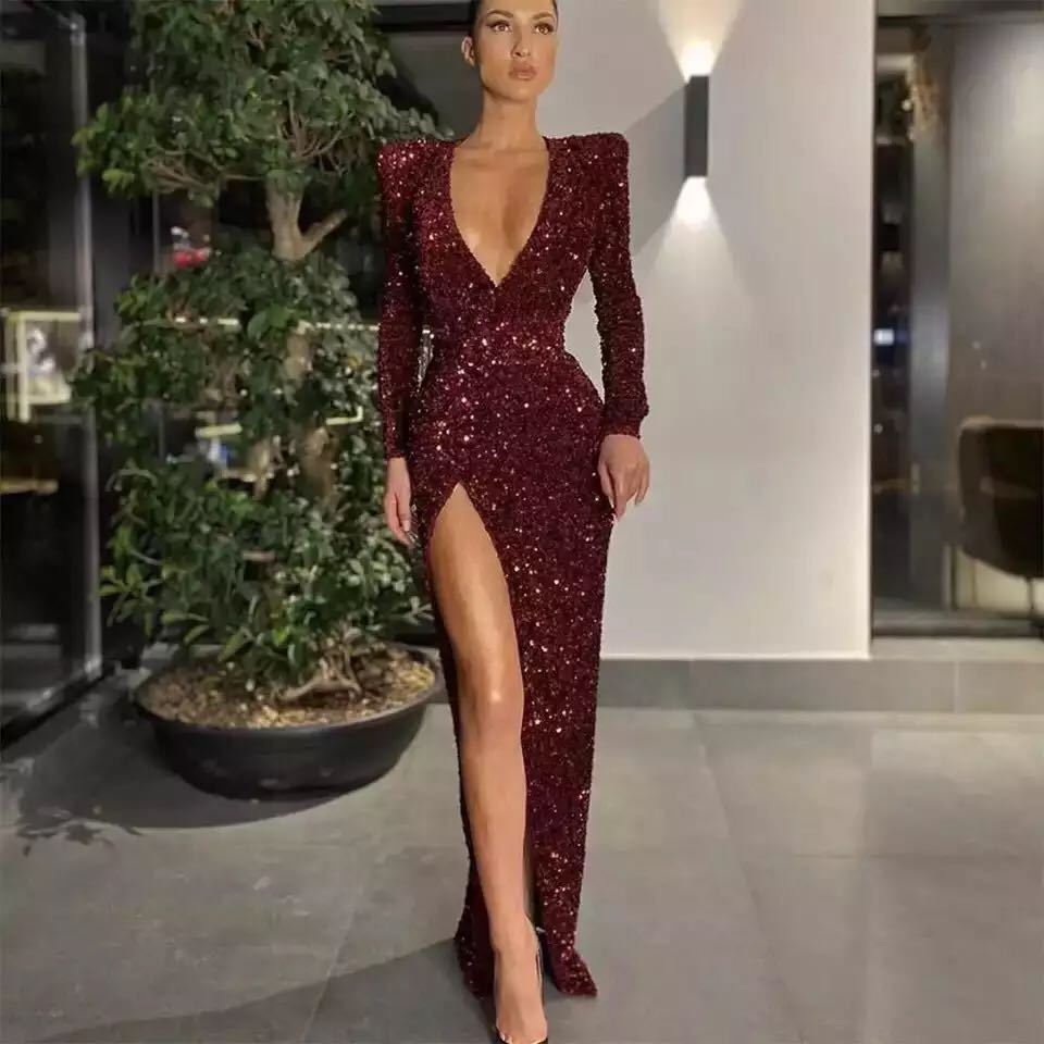 2025 New wishes 2025 women's clothing sexy one-shoulder long-sleeved sequined dress split-ended long dress INS spring