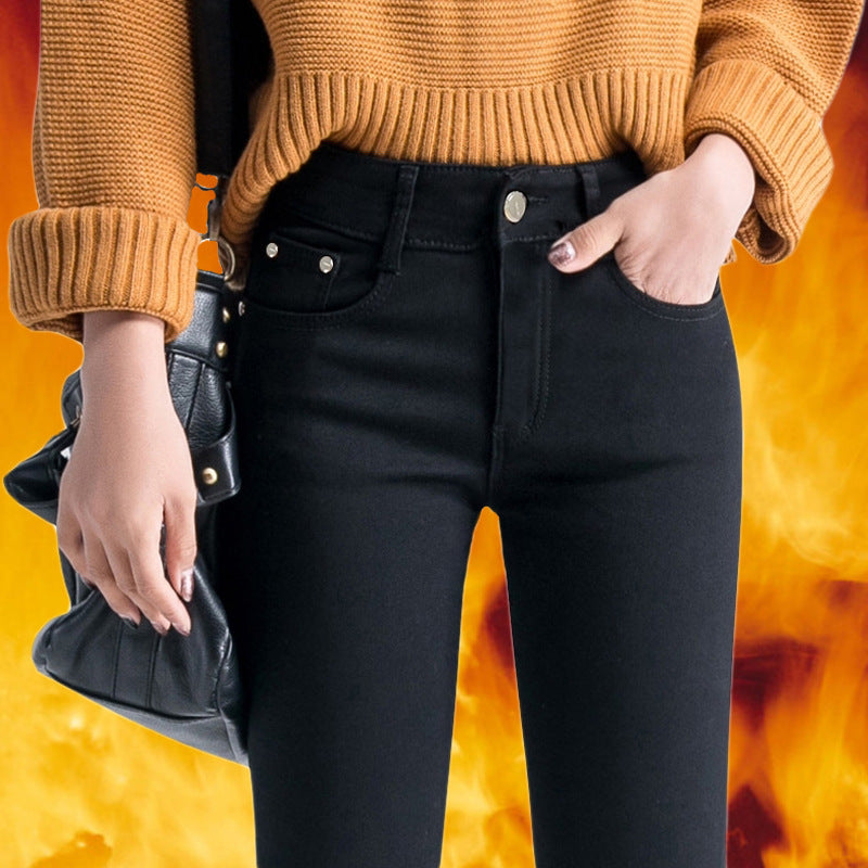 Plus Size Fleece-lined Thick Color Pants Korean Style Winter Skinny Jeans Women's Candy Color Warm Pencil Pants Women's Pants