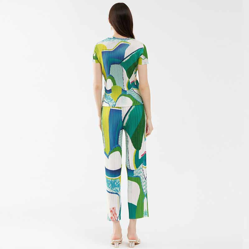 Miyake casual printing suit, summer new women's short-sleeved top, fashionable Korean version of drape trousers, two-piece set for women