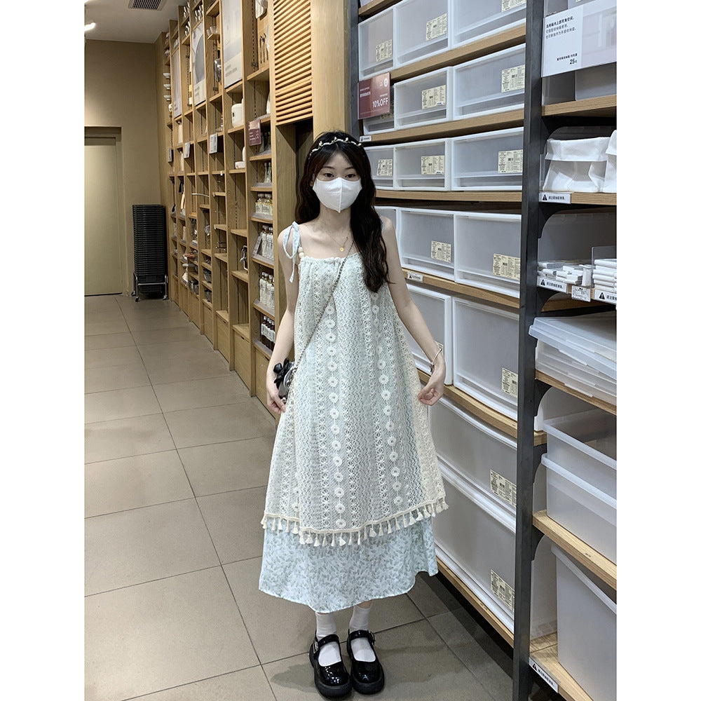 LOVERCCR Retro Tassel Splicing Sling Dress Female Spring New Sweet Vacation Style Temperament Slimming Long Dress