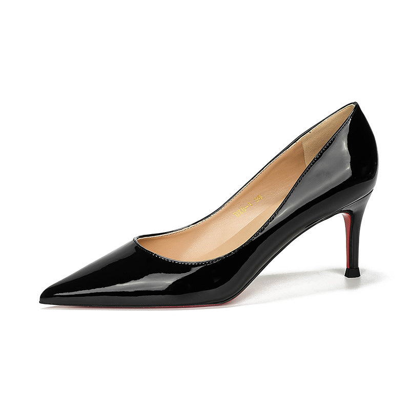 loveccr Nude Color Side Empty Red High Heel Shoes Women's Stiletto Heel New Pointed Low-Cut Patent Leather Sexy Temperament Genuine Leather Pumps