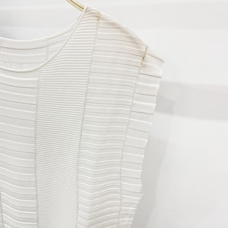 Miyake summer breathable solid color knitted sweater fashionable sleeveless T-shirt loose waist striped thin casual top women's summer