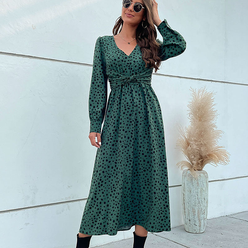 LOVECCR Hot autumn 2025 medium and long skirts commuter V-neck kinked leopard print dress