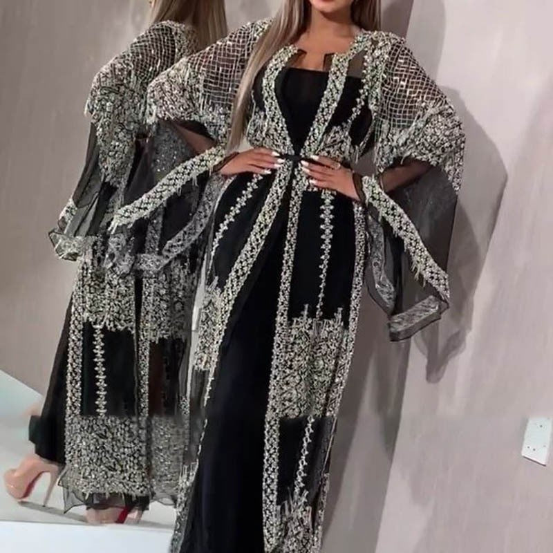 LOVECCR Cross-Border New Arrival European and American Foreign Trade Women's Clothing Bronzing Large Swing Dress Sexy Dress Shawl Banquet Evening Dress