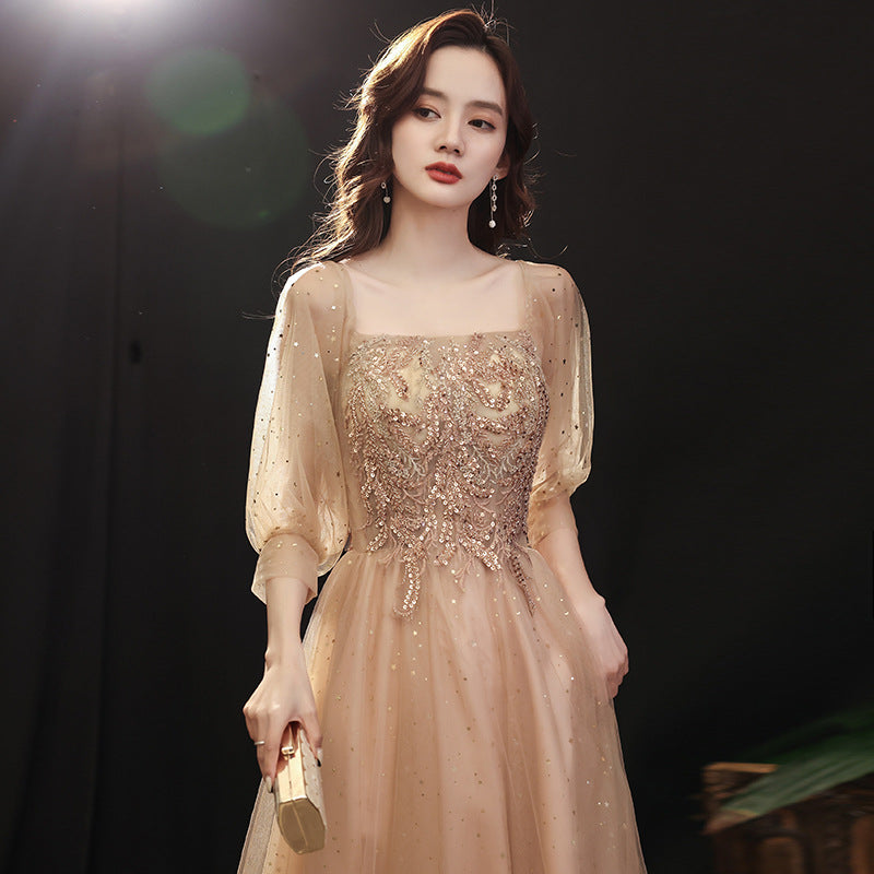 LOVECCR Adult Choir Performance Costumes Champagne Evening Dress Women's Banquet Temperament Long Senior Three Graduation Dress